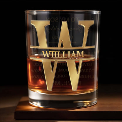 To My Son On Your Wedding Day With 3D Golden Split Monogram - Personalized Custom Whiskey Glass - SON187_RWG