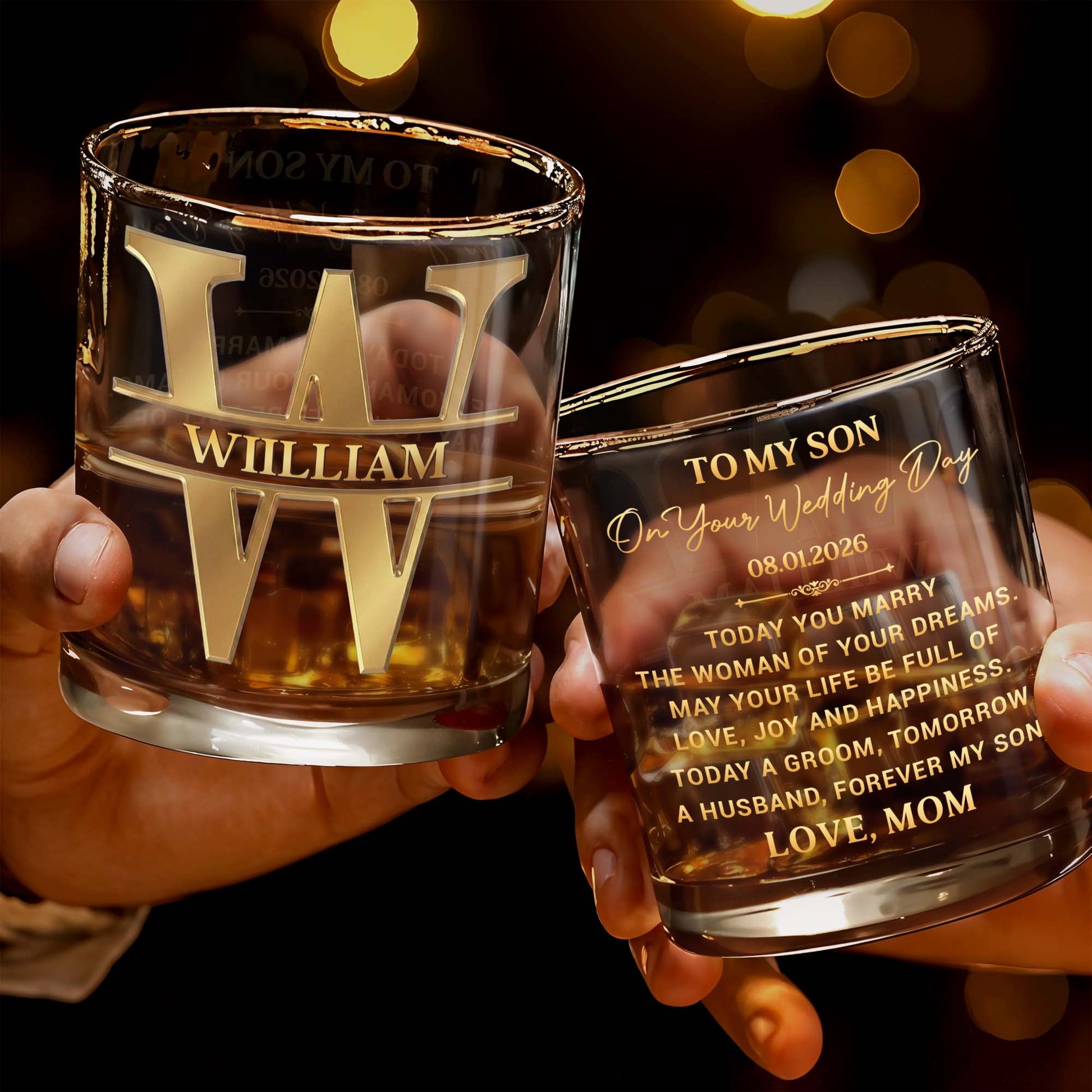 To My Son On Your Wedding Day With 3D Golden Split Monogram - Personalized Custom Whiskey Glass - SON187_RWG