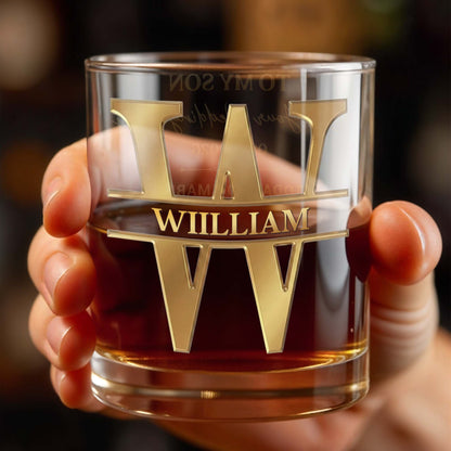 To My Son On Your Wedding Day With 3D Golden Split Monogram - Personalized Custom Whiskey Glass - SON187_RWG