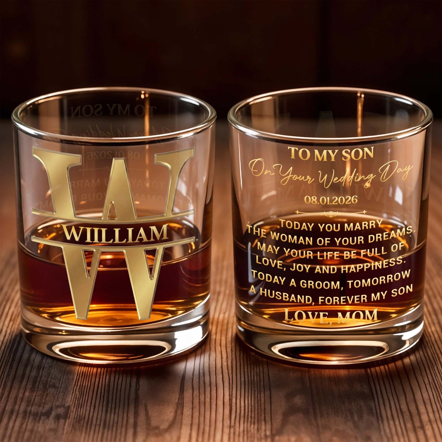 To My Son On Your Wedding Day With 3D Golden Split Monogram - Personalized Custom Whiskey Glass - SON187_RWG