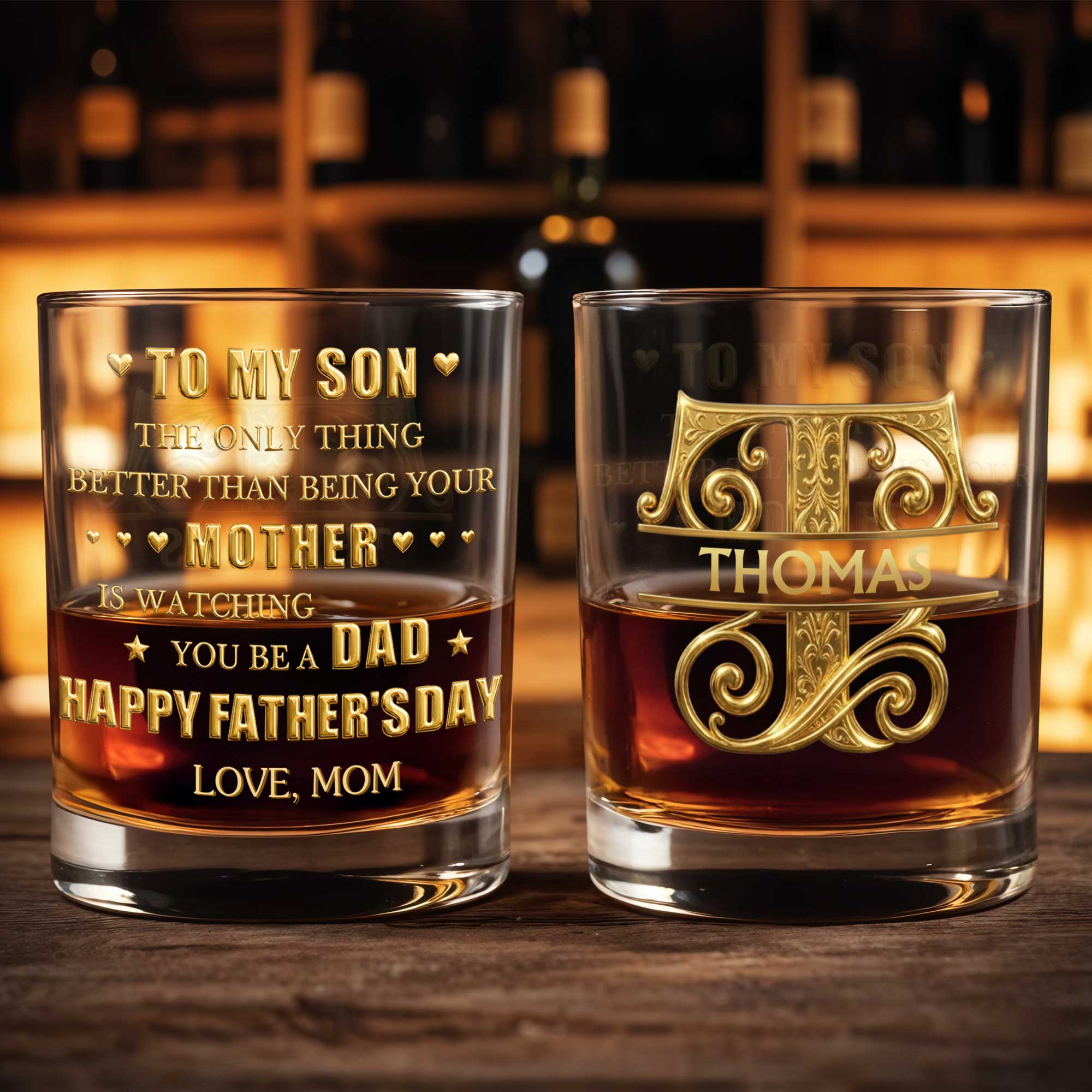 To My Son Watching You Be A Dad Monogram Whiskey Glass - Personalized Custom Whiskey Glass - SON188_RWG
