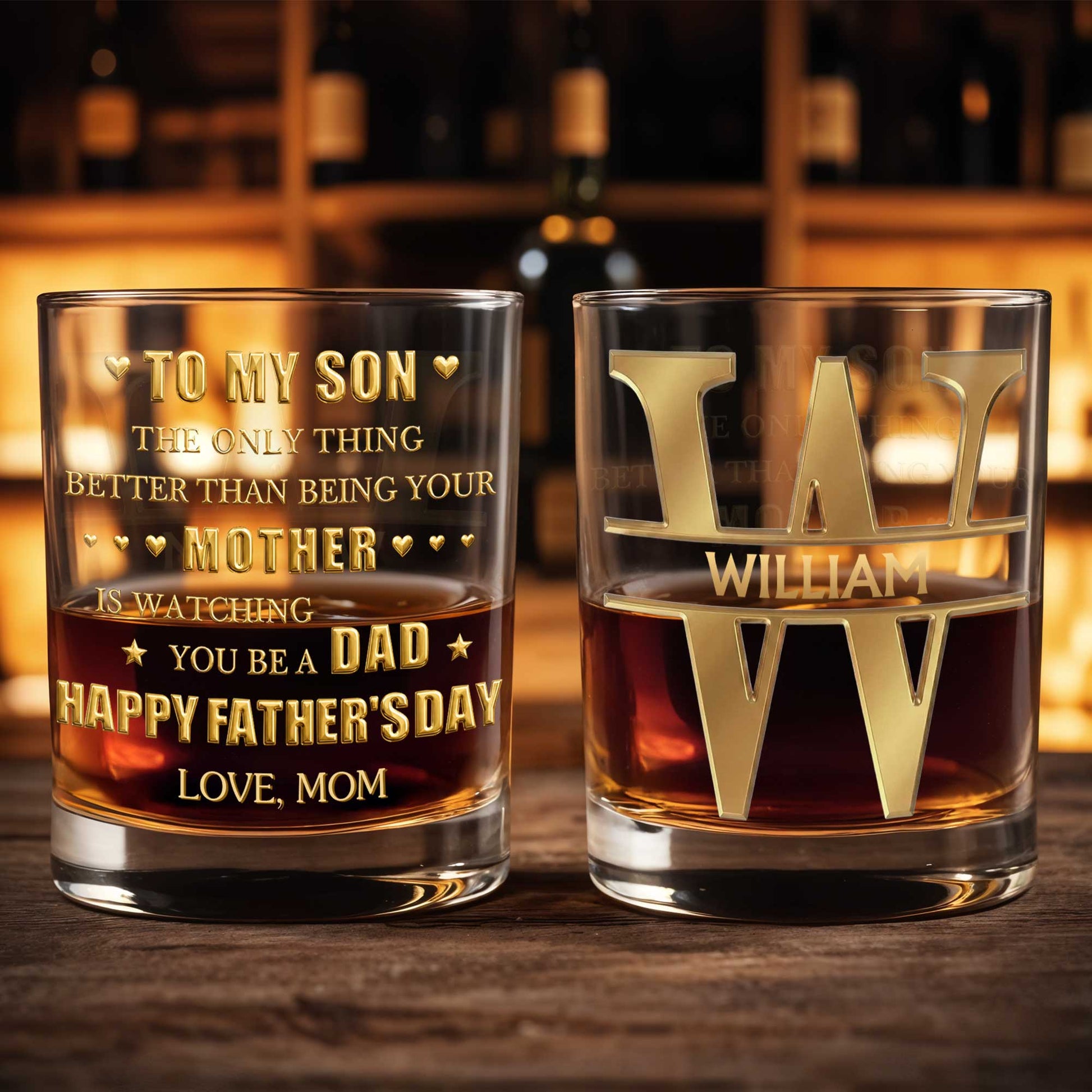 To My Son Better Than Being Mother Watching You Be Dad Hearts Monogram - Personalized Custom Whiskey Glass - SON189_RWG