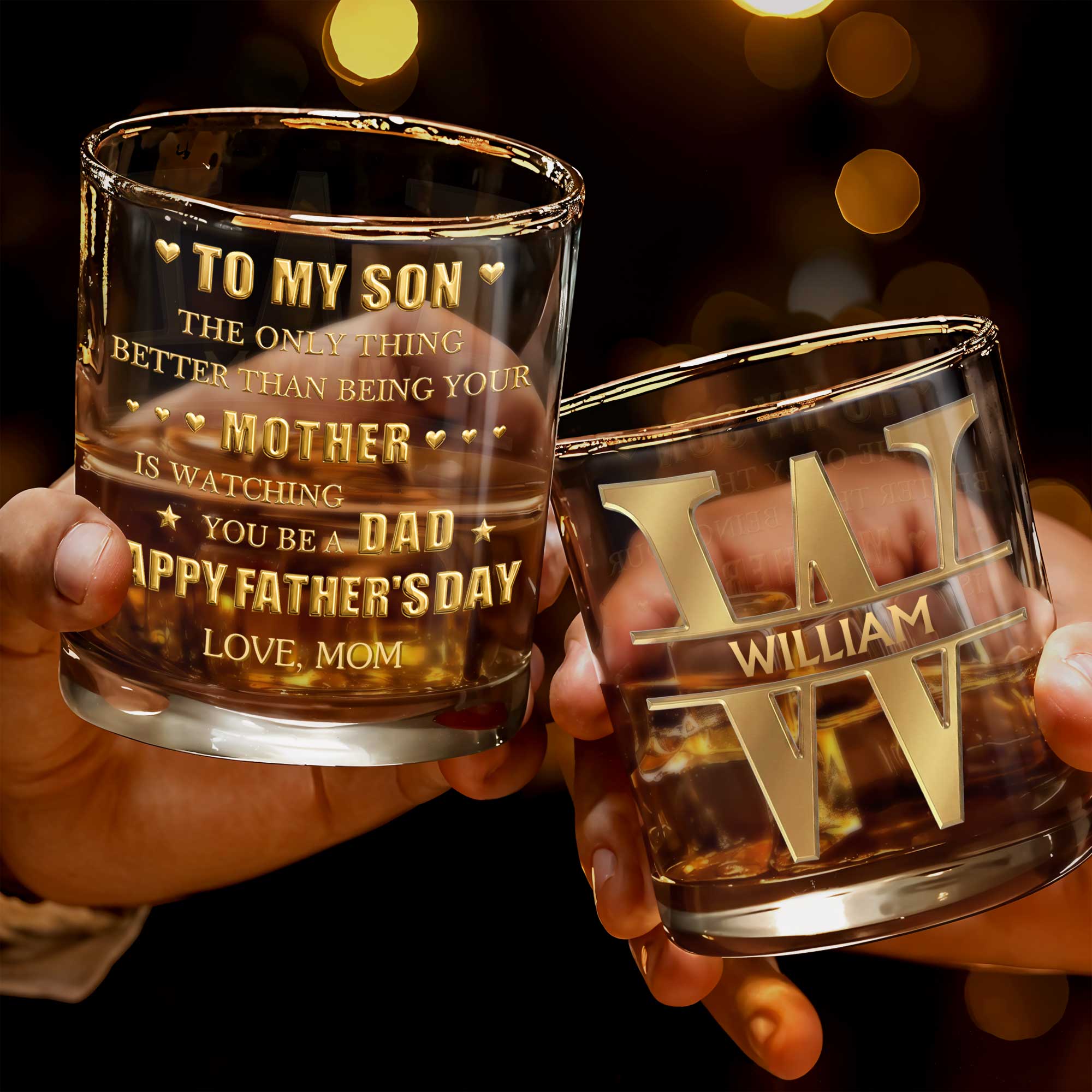 To My Son Better Than Being Mother Watching You Be Dad Hearts Monogram - Personalized Custom Whiskey Glass - SON189_RWG