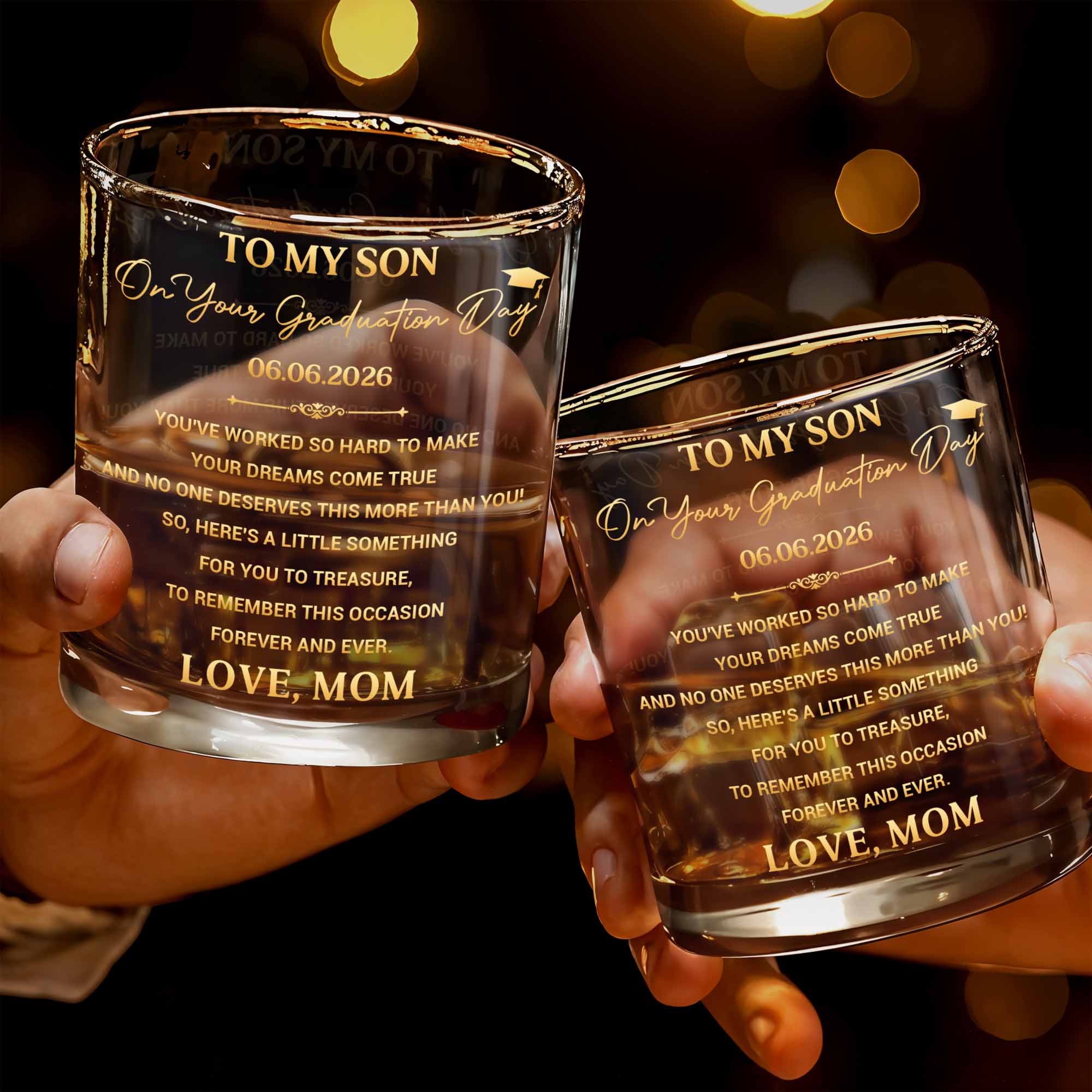 To My Son On Graduation Day With Graduation Cap And Dreams Quote - Personalized Custom Whiskey Glass - SON193_RWG