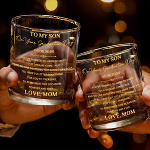 To My Son On Graduation Day With Graduation Cap And Dreams Quote - Personalized Custom Whiskey Glass - SON193_RWG