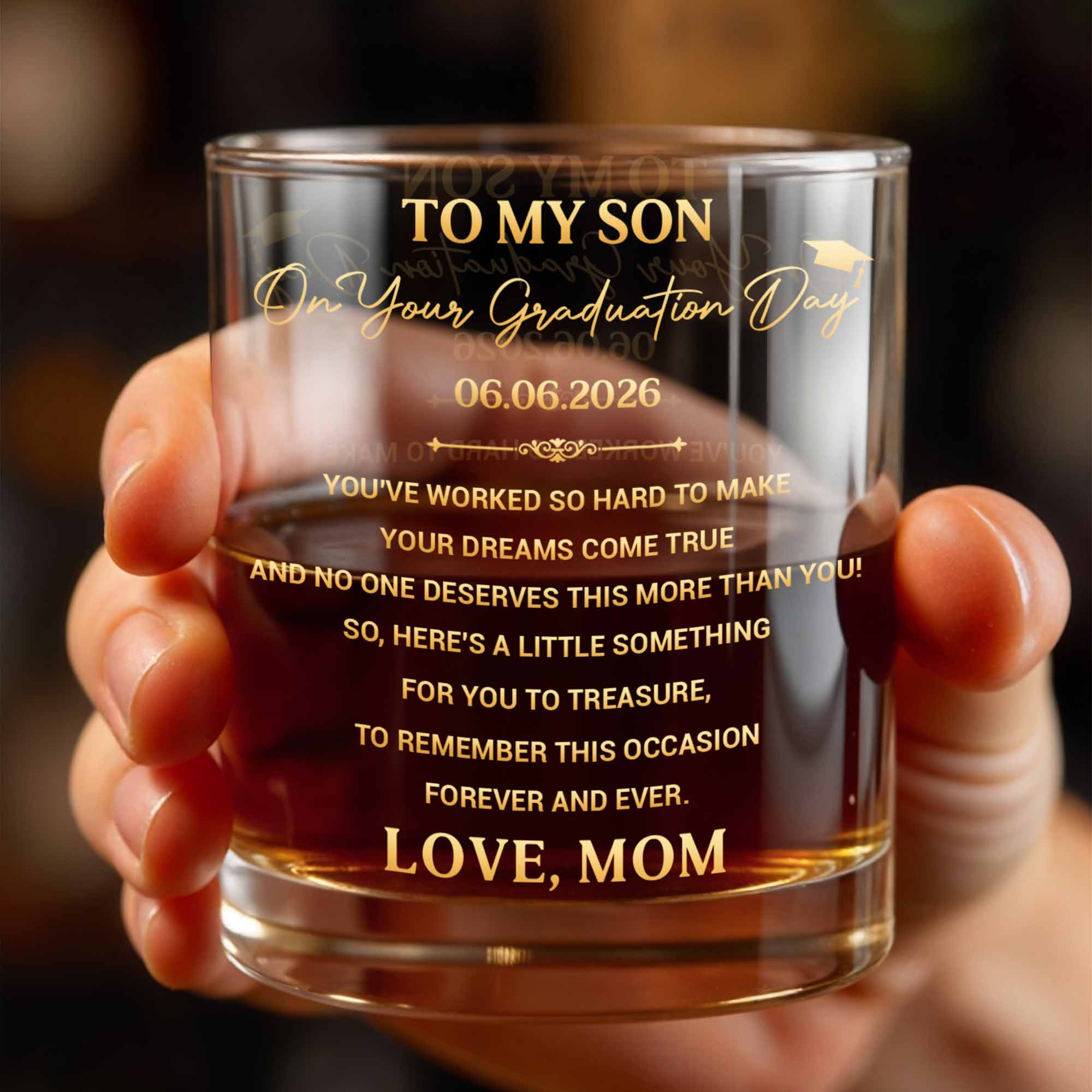 To My Son On Graduation Day With Graduation Cap And Dreams Quote - Personalized Custom Whiskey Glass - SON193_RWG