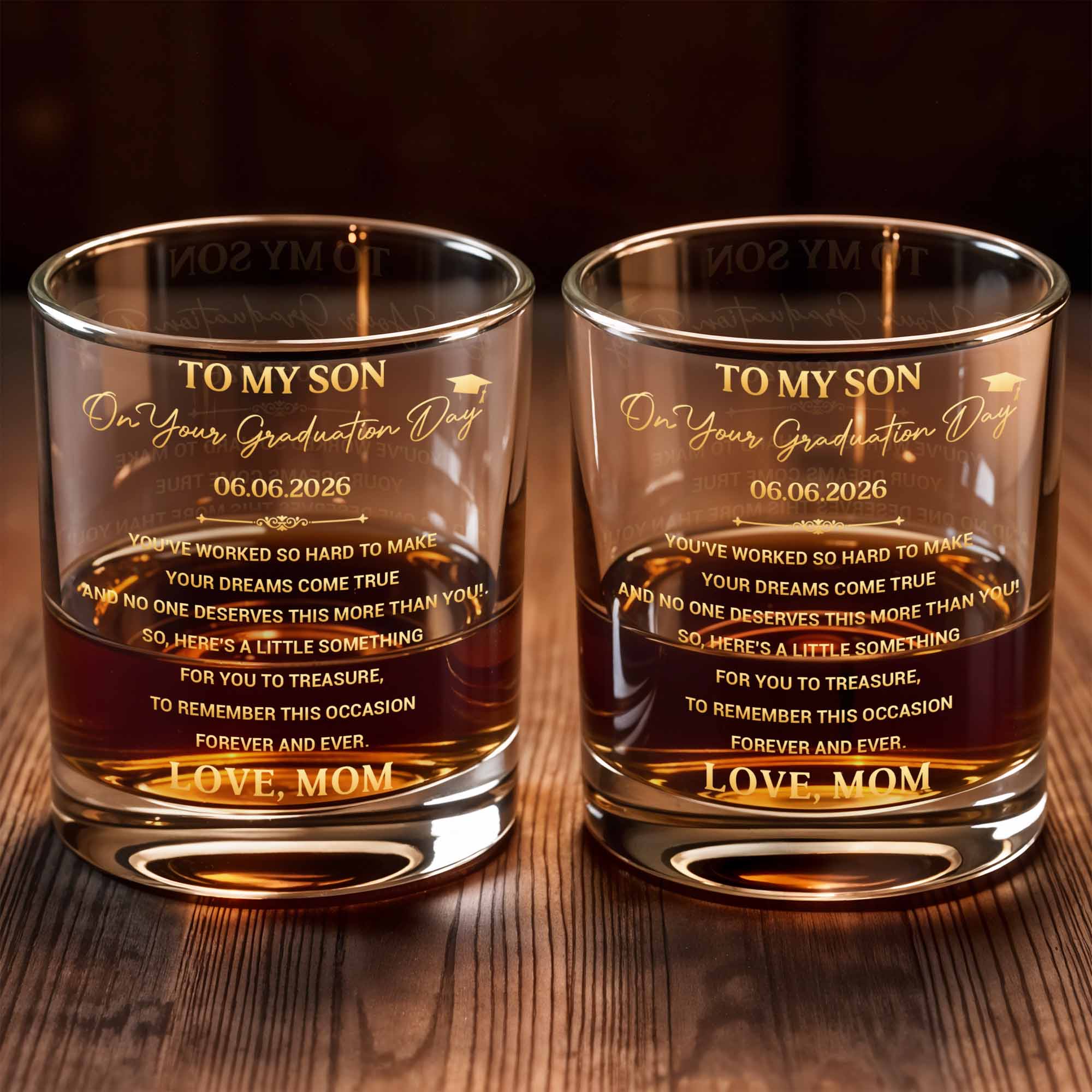 To My Son On Graduation Day With Graduation Cap And Dreams Quote - Personalized Custom Whiskey Glass - SON193_RWG