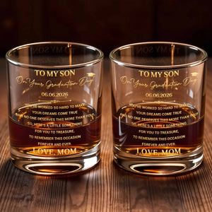 To My Son On Graduation Day With Graduation Cap And Dreams Quote - Personalized Custom Whiskey Glass - SON193_RWG