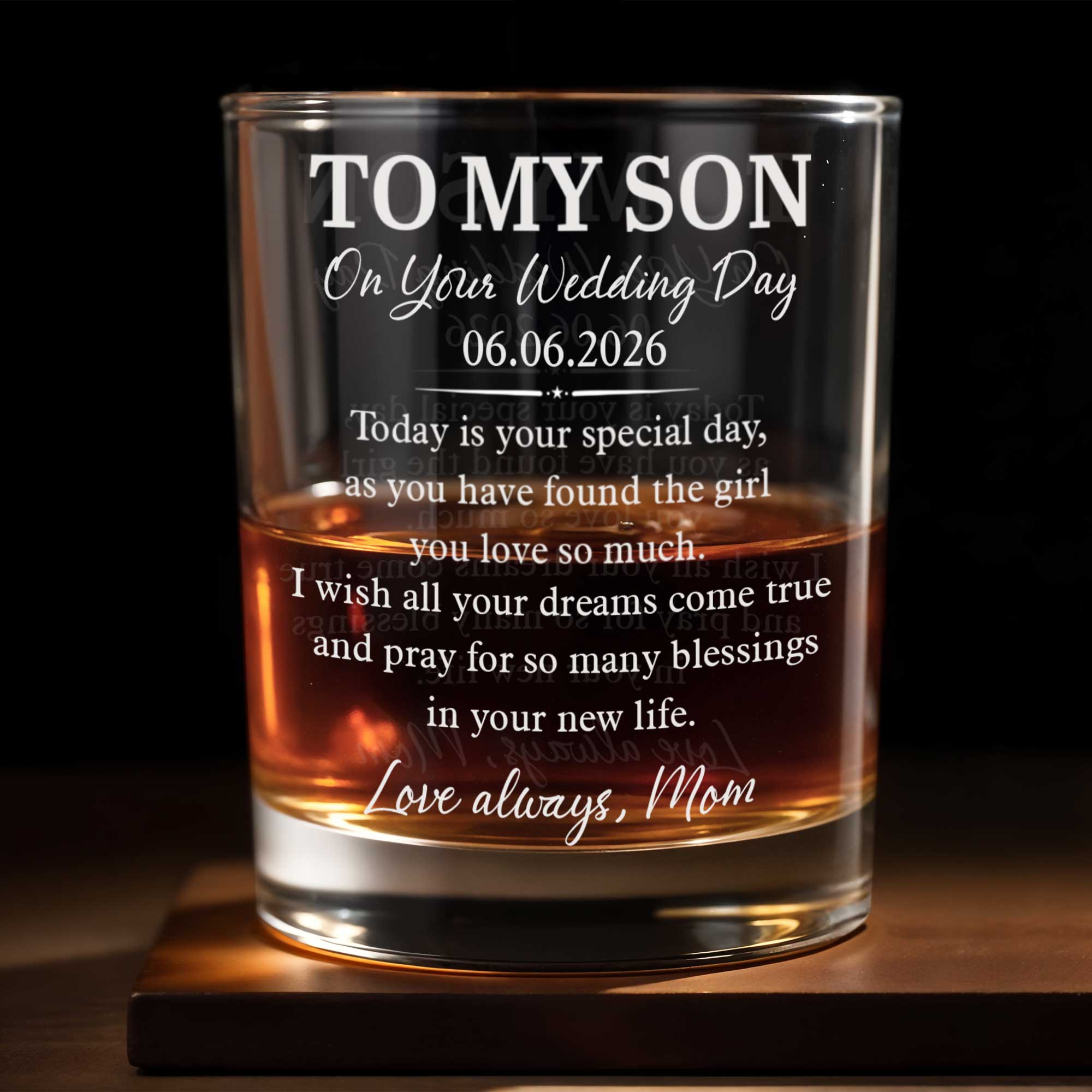 To My Son On Your Wedding Day Elegant Script Typography - Personalized Custom Whiskey Glass - SON196_RWG