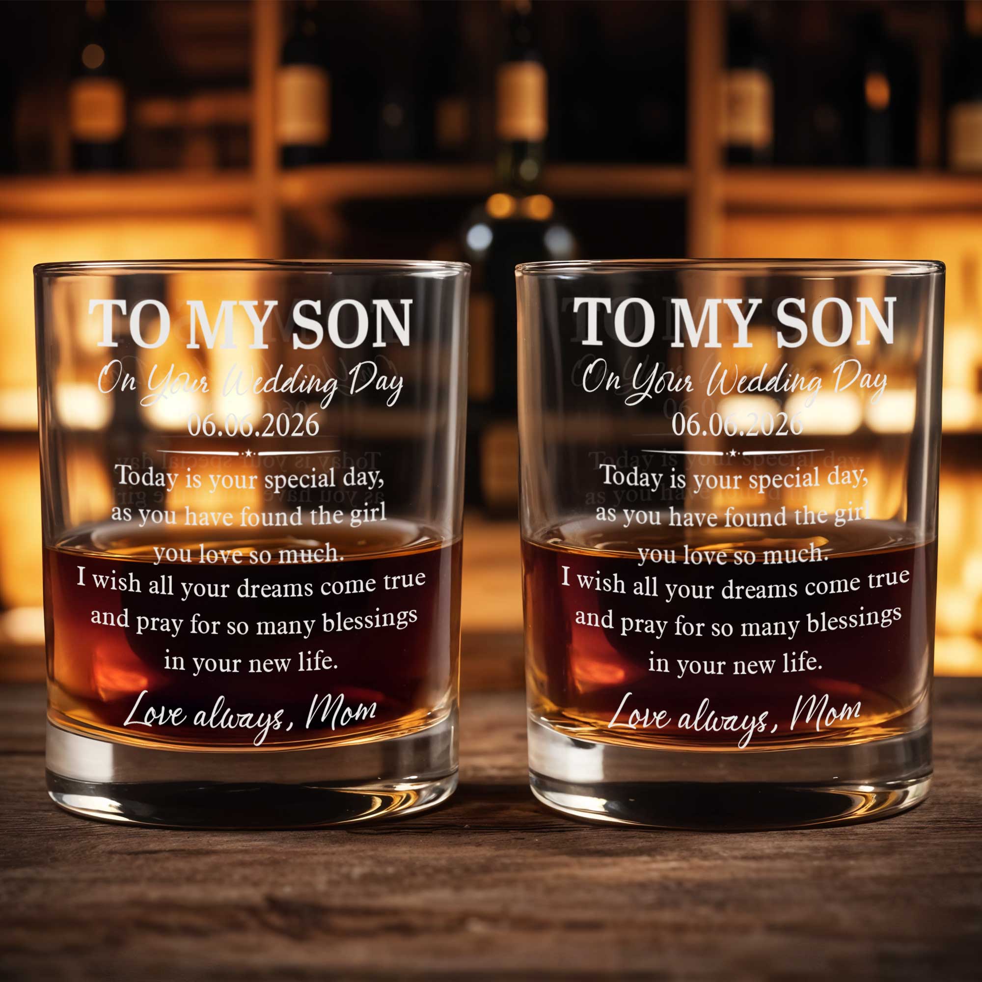To My Son On Your Wedding Day Elegant Script Typography - Personalized Custom Whiskey Glass - SON196_RWG
