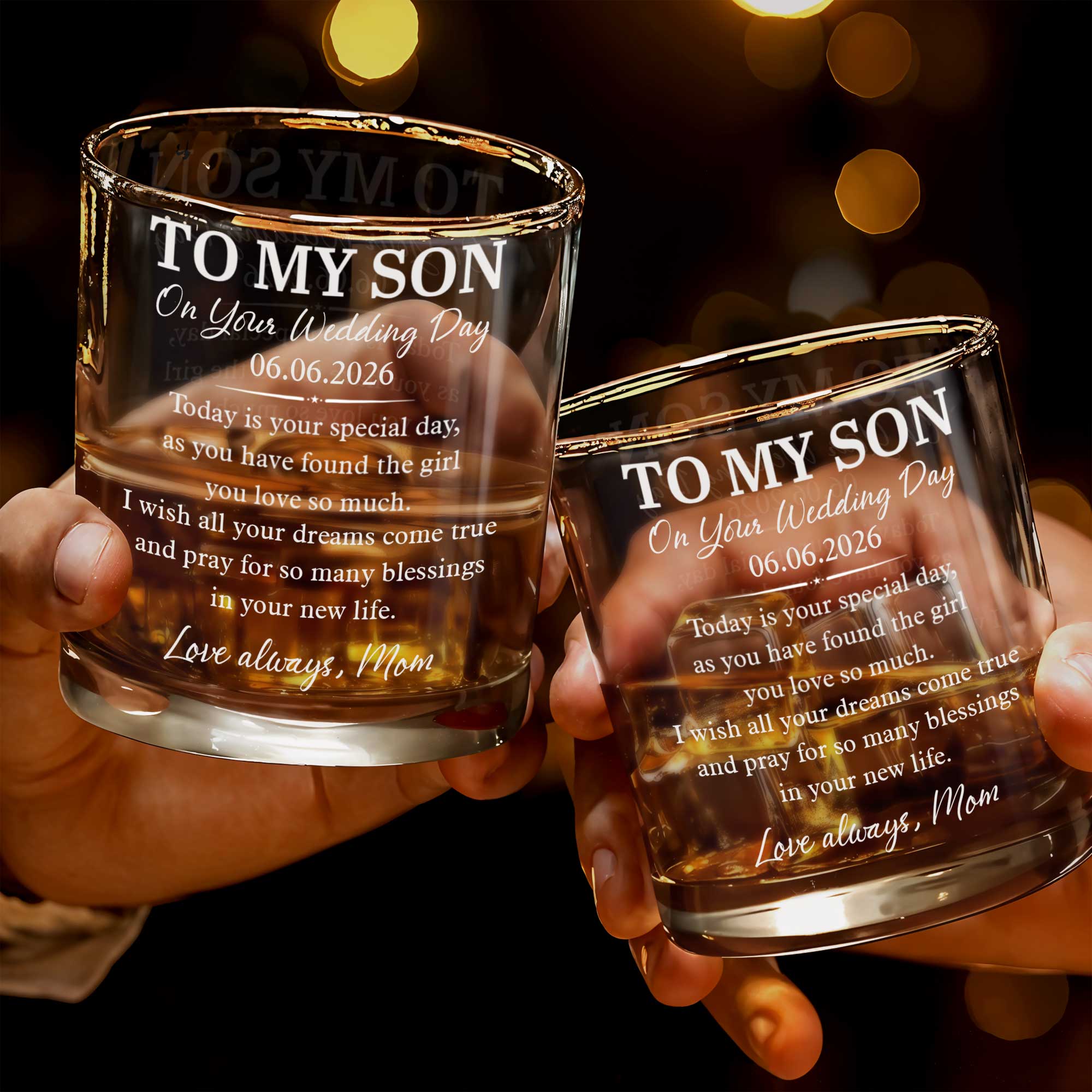 To My Son On Your Wedding Day Elegant Script Typography - Personalized Custom Whiskey Glass - SON196_RWG