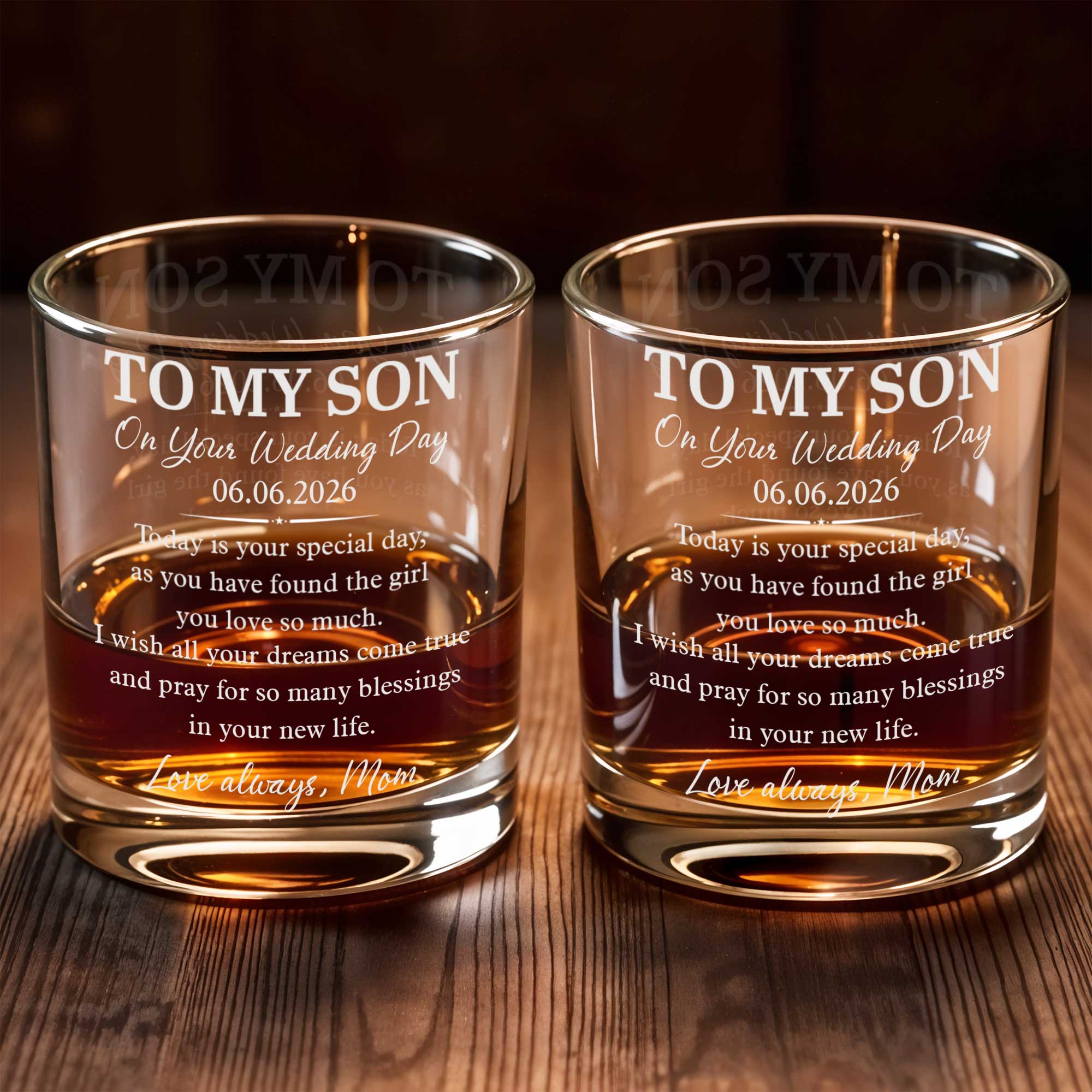 To My Son On Your Wedding Day Elegant Script Typography - Personalized Custom Whiskey Glass - SON196_RWG