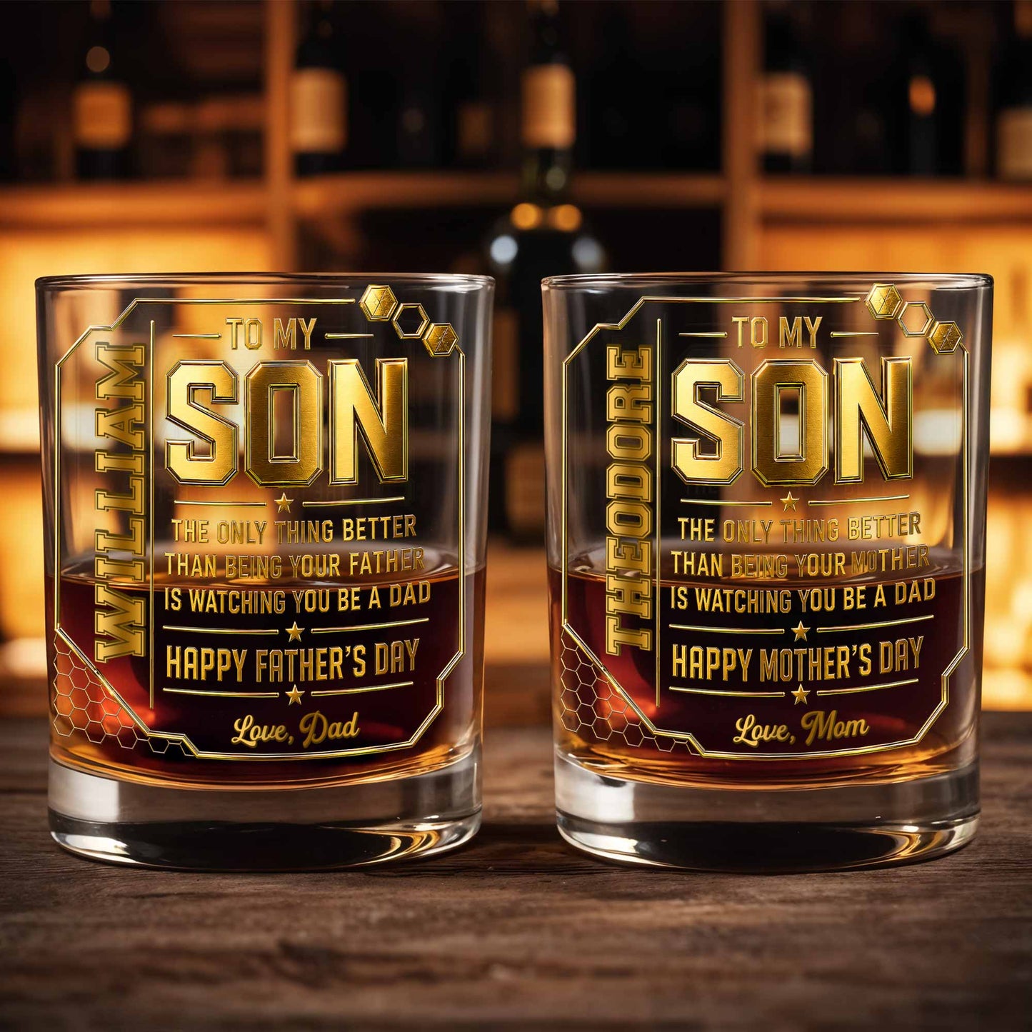To My Son Watching You Be A Dad Gold Stars Design - Personalized Custom Whiskey Glass - SON200_RWG