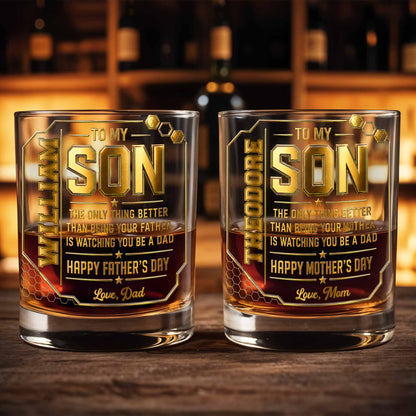 To My Son Watching You Be A Dad Gold Stars Design - Personalized Custom Whiskey Glass - SON200_RWG
