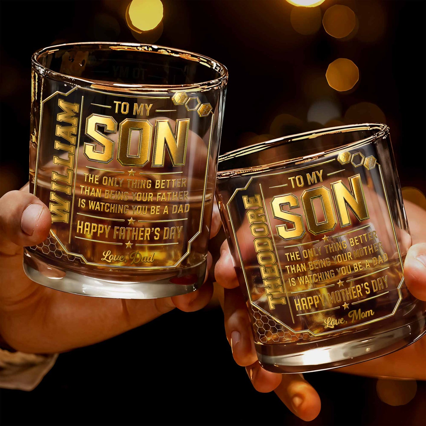 To My Son Watching You Be A Dad Gold Stars Design - Personalized Custom Whiskey Glass - SON200_RWG