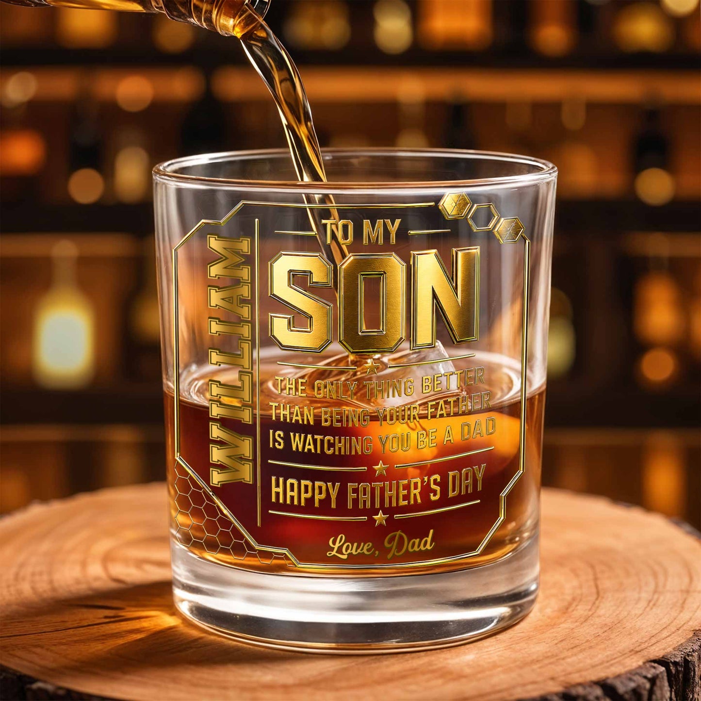 To My Son Watching You Be A Dad Gold Stars Design - Personalized Custom Whiskey Glass - SON200_RWG
