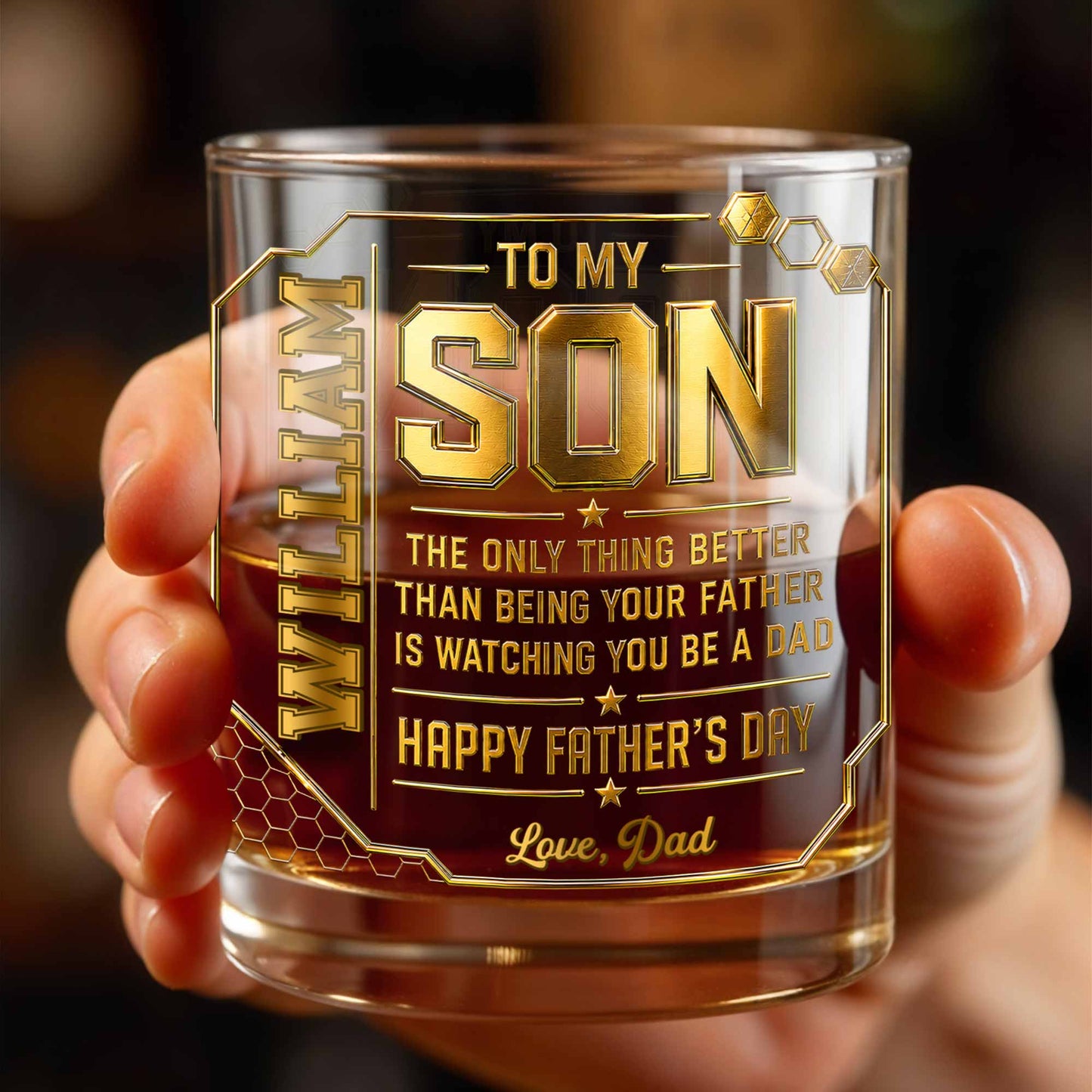 To My Son Watching You Be A Dad Gold Stars Design - Personalized Custom Whiskey Glass - SON200_RWG