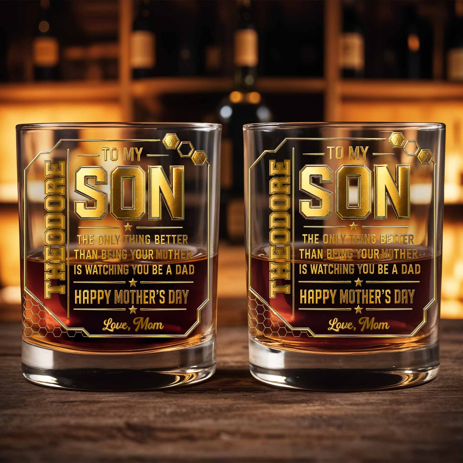 To My Son Watching You Be A Dad Gold Stars Design - Personalized Custom Whiskey Glass - SON200_RWG