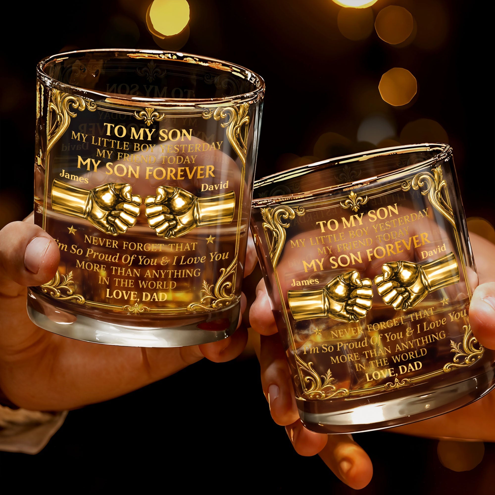 To My Son Little Boy Yesterday My Son Forever Fist Bump Design - Personalized Custom Whiskey Glass - SON202_RWG