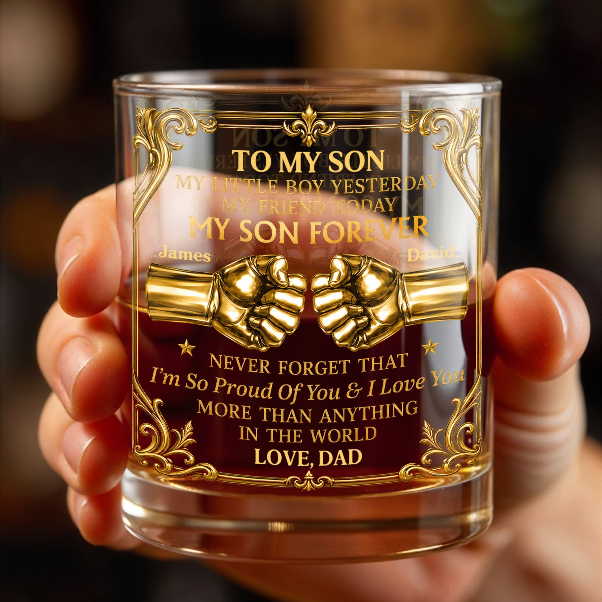 To My Son Little Boy Yesterday My Son Forever Fist Bump Design - Personalized Custom Whiskey Glass - SON202_RWG