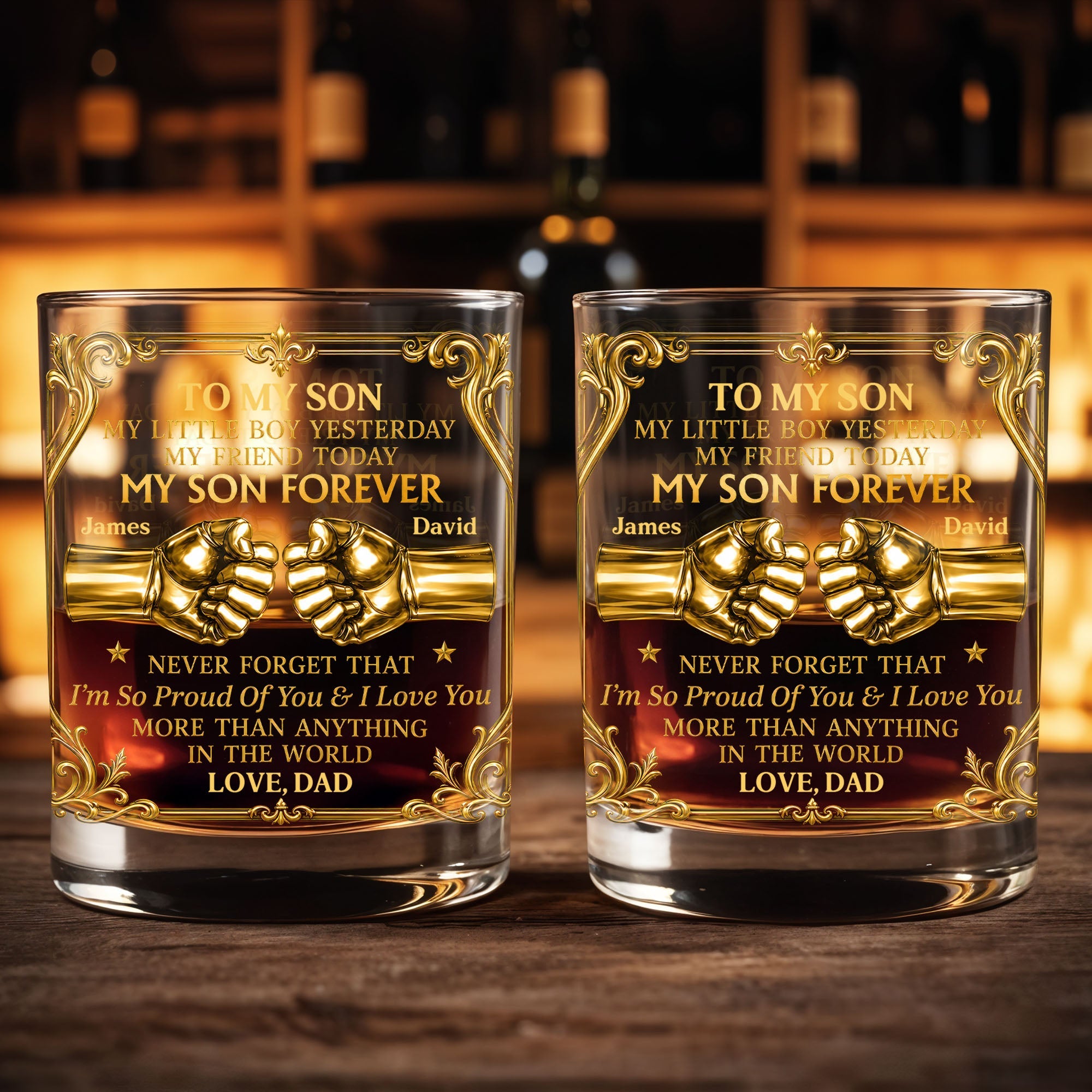 To My Son Little Boy Yesterday My Son Forever Fist Bump Design - Personalized Custom Whiskey Glass - SON202_RWG