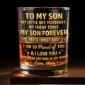 To My Son My Little Boy Yesterday Personalized Gold Hearts Stars - Personalized Custom Whiskey Glass - SON205_RWG