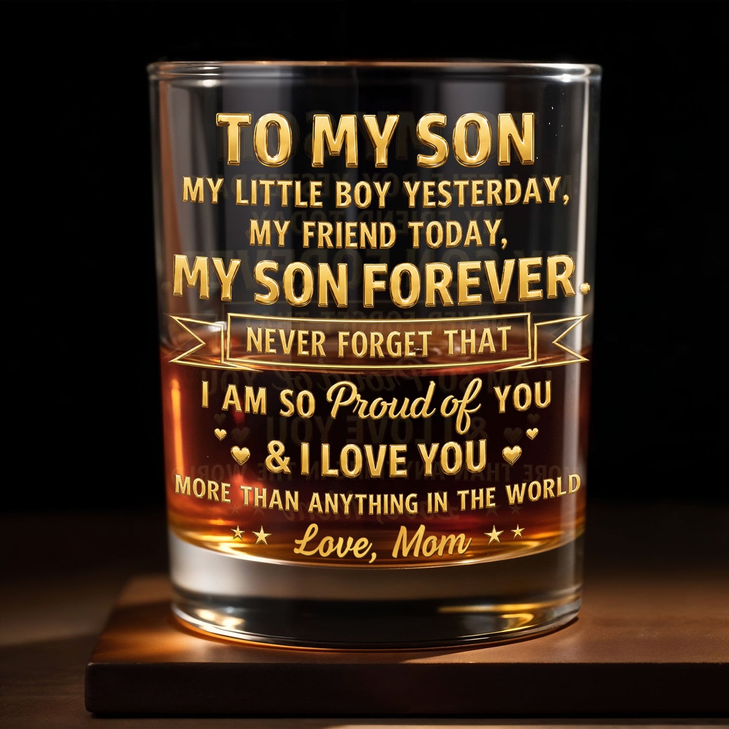 To My Son My Little Boy Yesterday Personalized Gold Hearts Stars - Personalized Custom Whiskey Glass - SON205_RWG