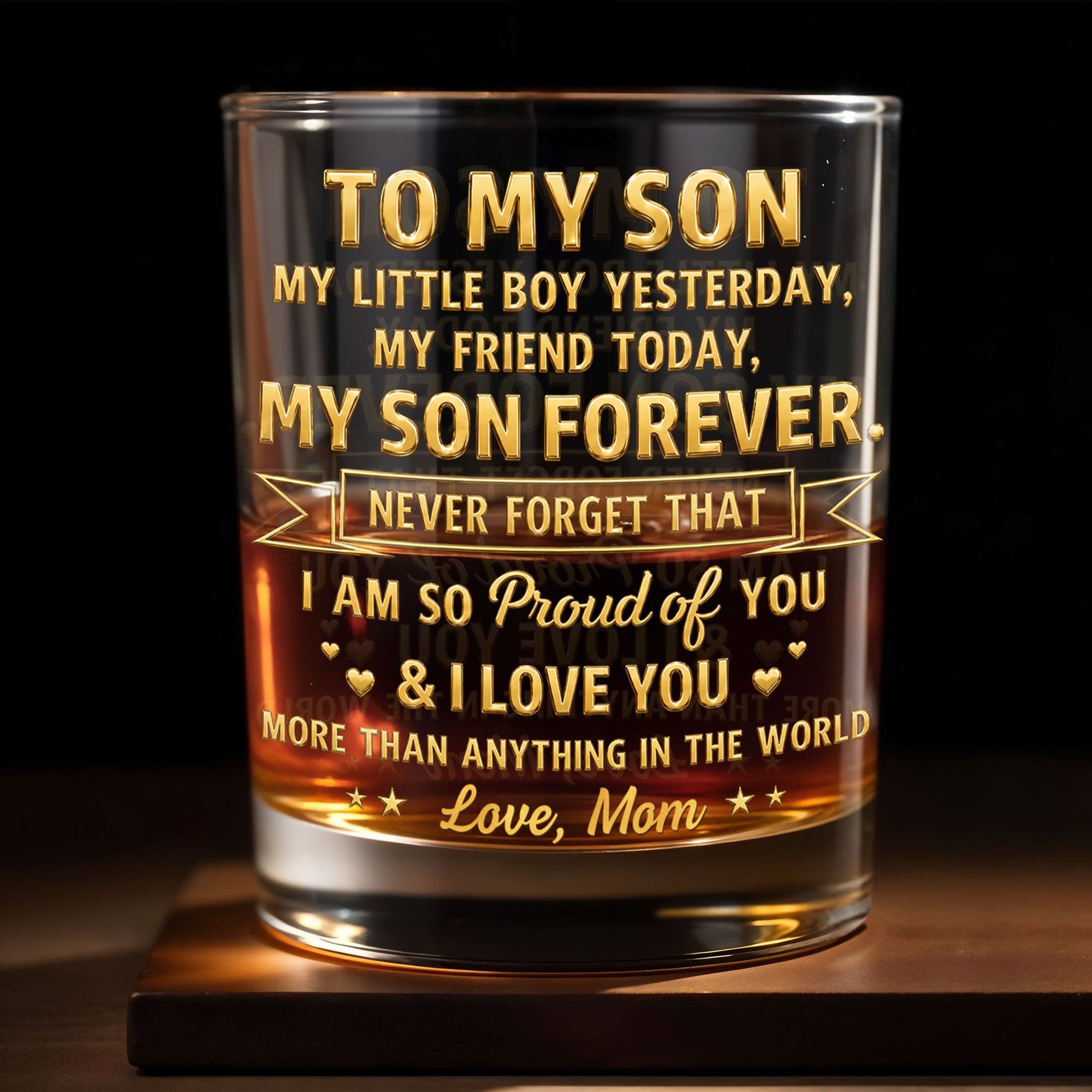 To My Son My Little Boy Yesterday Personalized Gold Hearts Stars - Personalized Custom Whiskey Glass - SON205_RWG