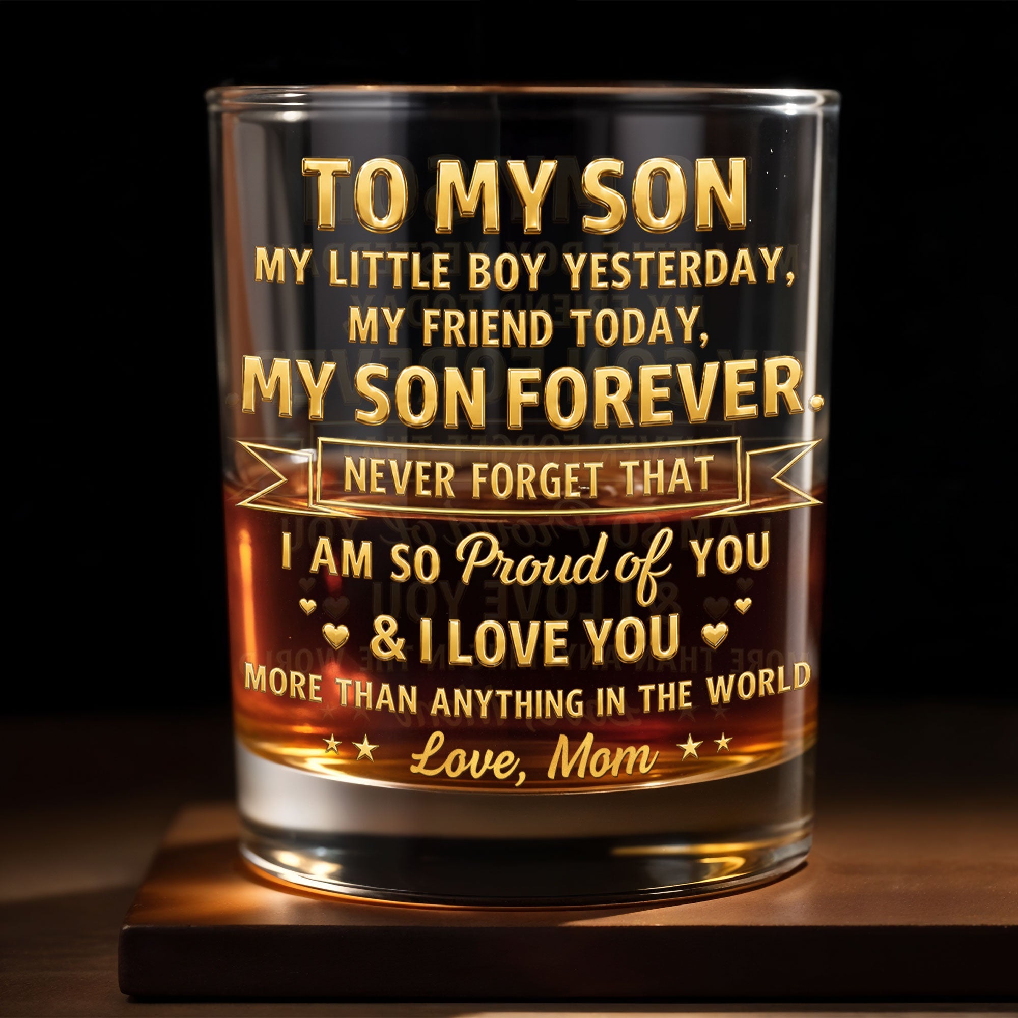 To My Son My Little Boy Yesterday Personalized Gold Hearts Stars - Personalized Custom Whiskey Glass - SON205_RWG