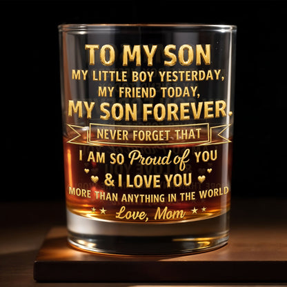 To My Son My Little Boy Yesterday Personalized Gold Hearts Stars - Personalized Custom Whiskey Glass - SON205_RWG