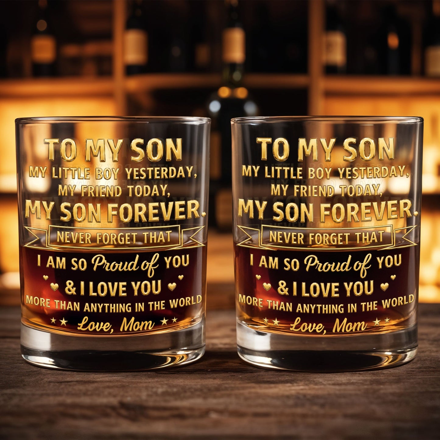 To My Son My Little Boy Yesterday Personalized Gold Hearts Stars - Personalized Custom Whiskey Glass - SON205_RWG