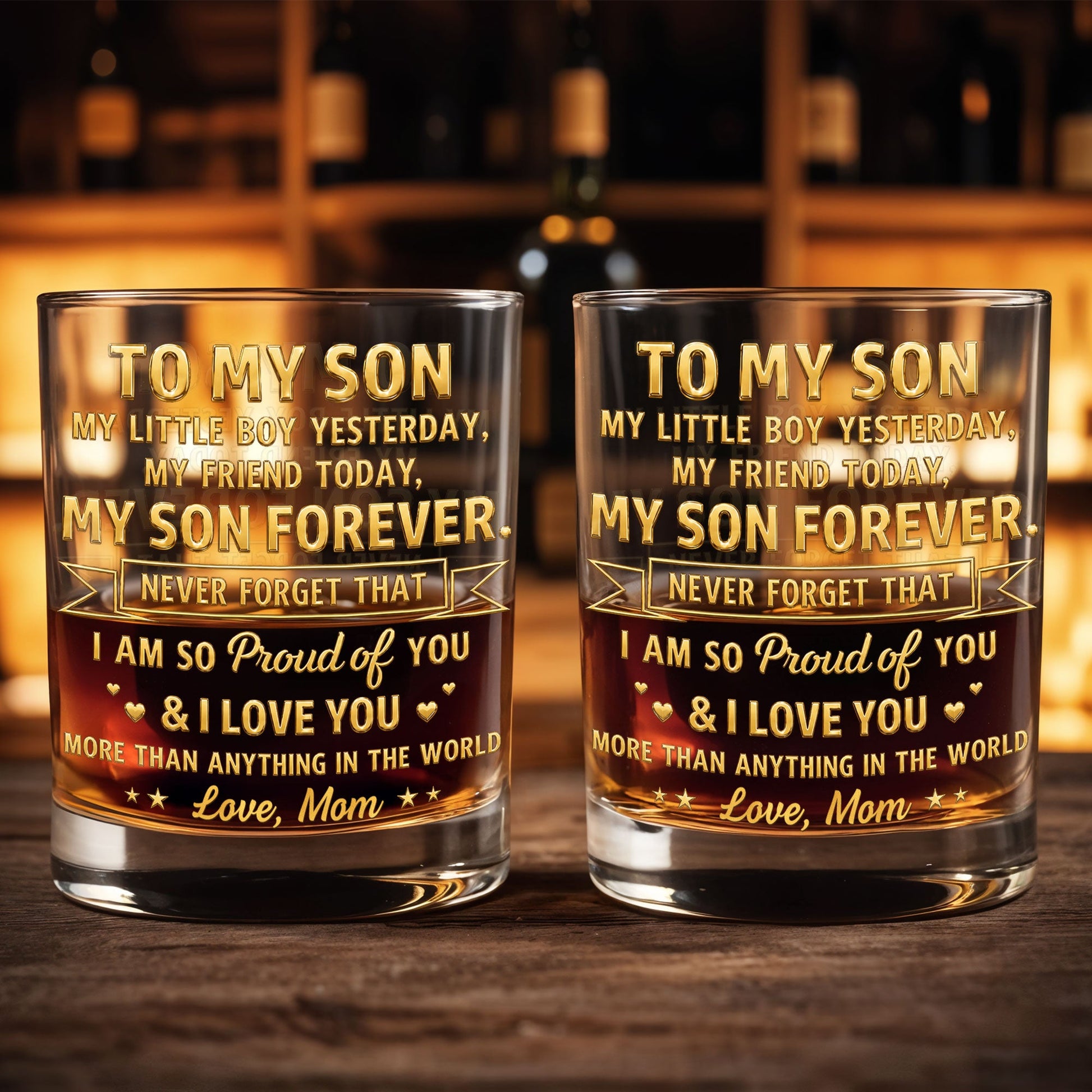 To My Son My Little Boy Yesterday Personalized Gold Hearts Stars - Personalized Custom Whiskey Glass - SON205_RWG