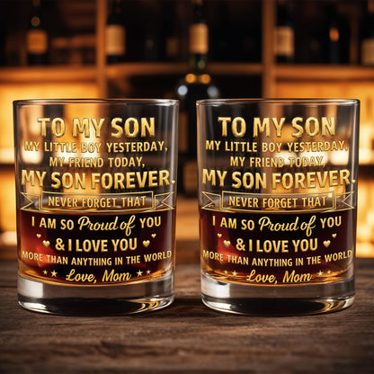 To My Son My Little Boy Yesterday Personalized Gold Hearts Stars - Personalized Custom Whiskey Glass - SON205_RWG