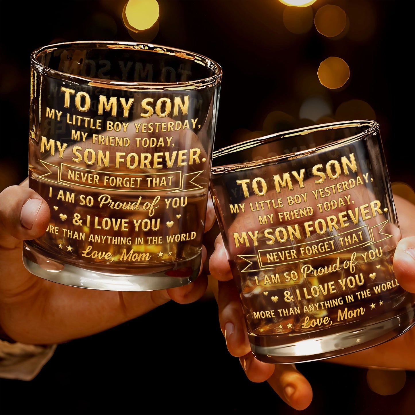 To My Son My Little Boy Yesterday Personalized Gold Hearts Stars - Personalized Custom Whiskey Glass - SON205_RWG
