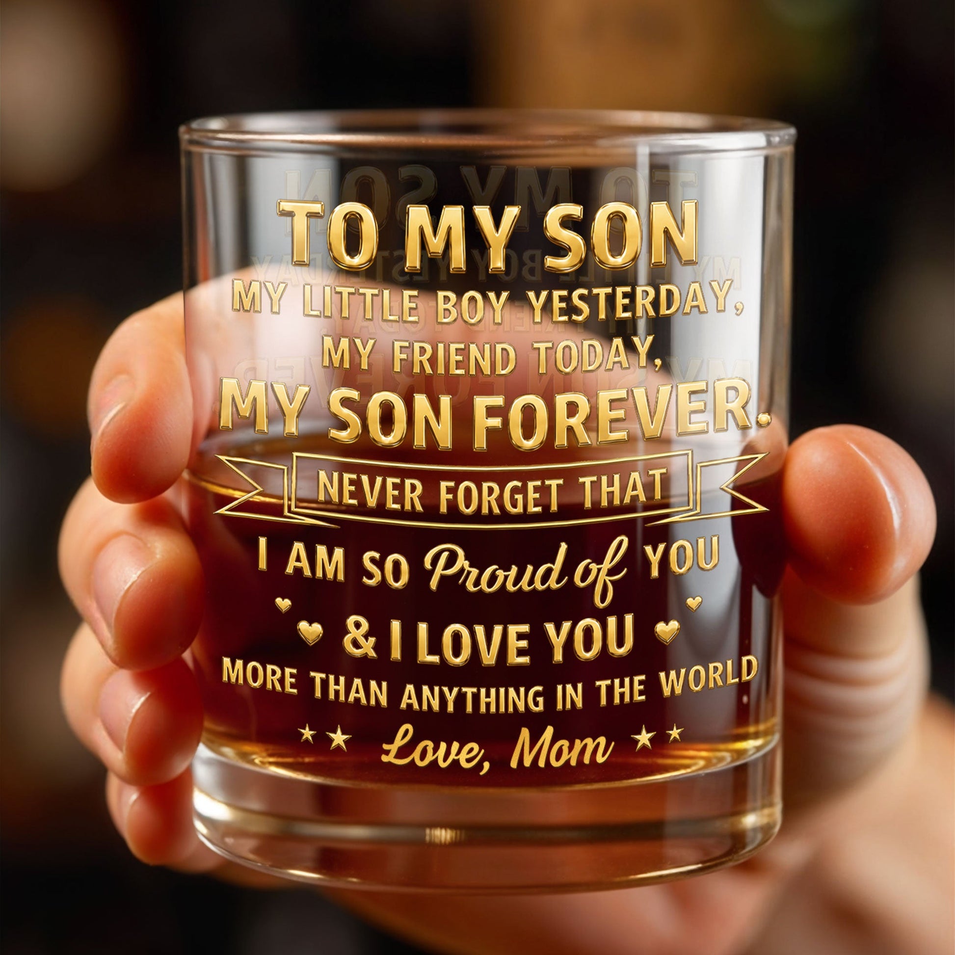 To My Son My Little Boy Yesterday Personalized Gold Hearts Stars - Personalized Custom Whiskey Glass - SON205_RWG