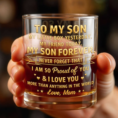 To My Son My Little Boy Yesterday Personalized Gold Hearts Stars - Personalized Custom Whiskey Glass - SON205_RWG