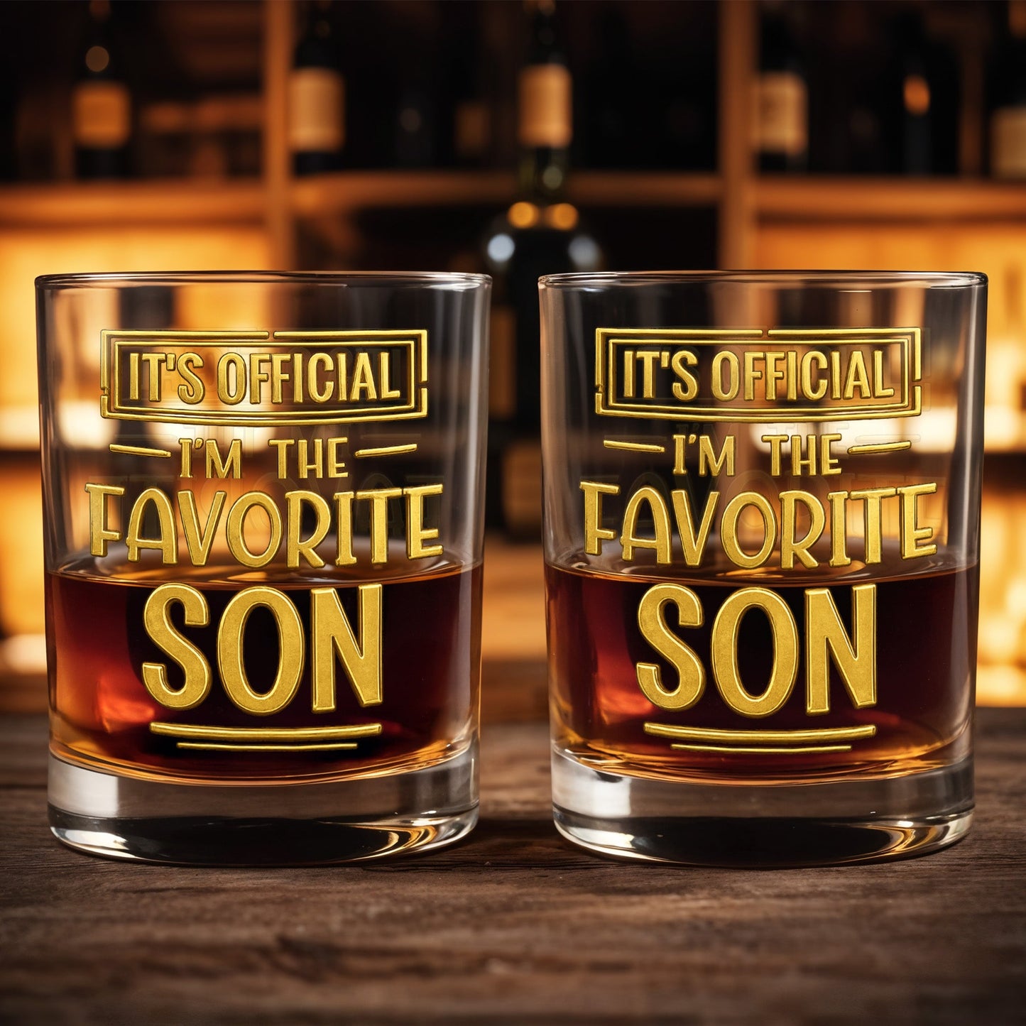 It's Official I'm The Favorite Son With Golden Letters - Personalized Custom Whiskey Glass - SON208_RWG