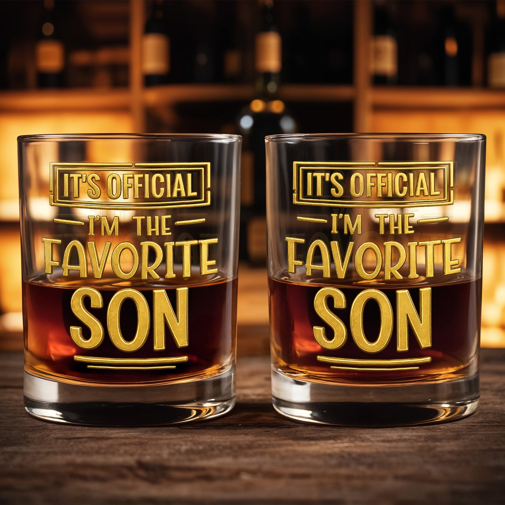 It's Official I'm The Favorite Son With Golden Letters - Personalized Custom Whiskey Glass - SON208_RWG