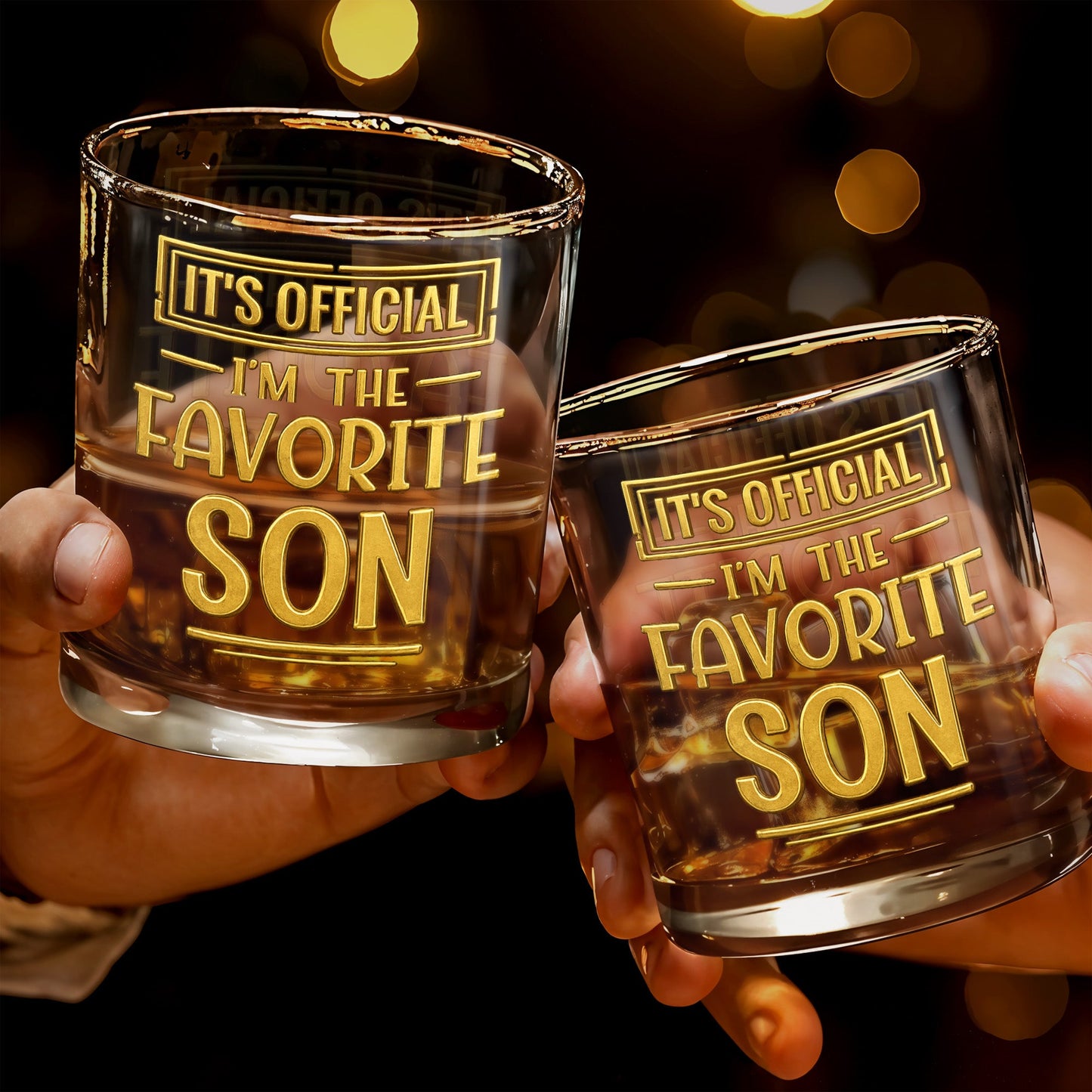 It's Official I'm The Favorite Son With Golden Letters - Personalized Custom Whiskey Glass - SON208_RWG