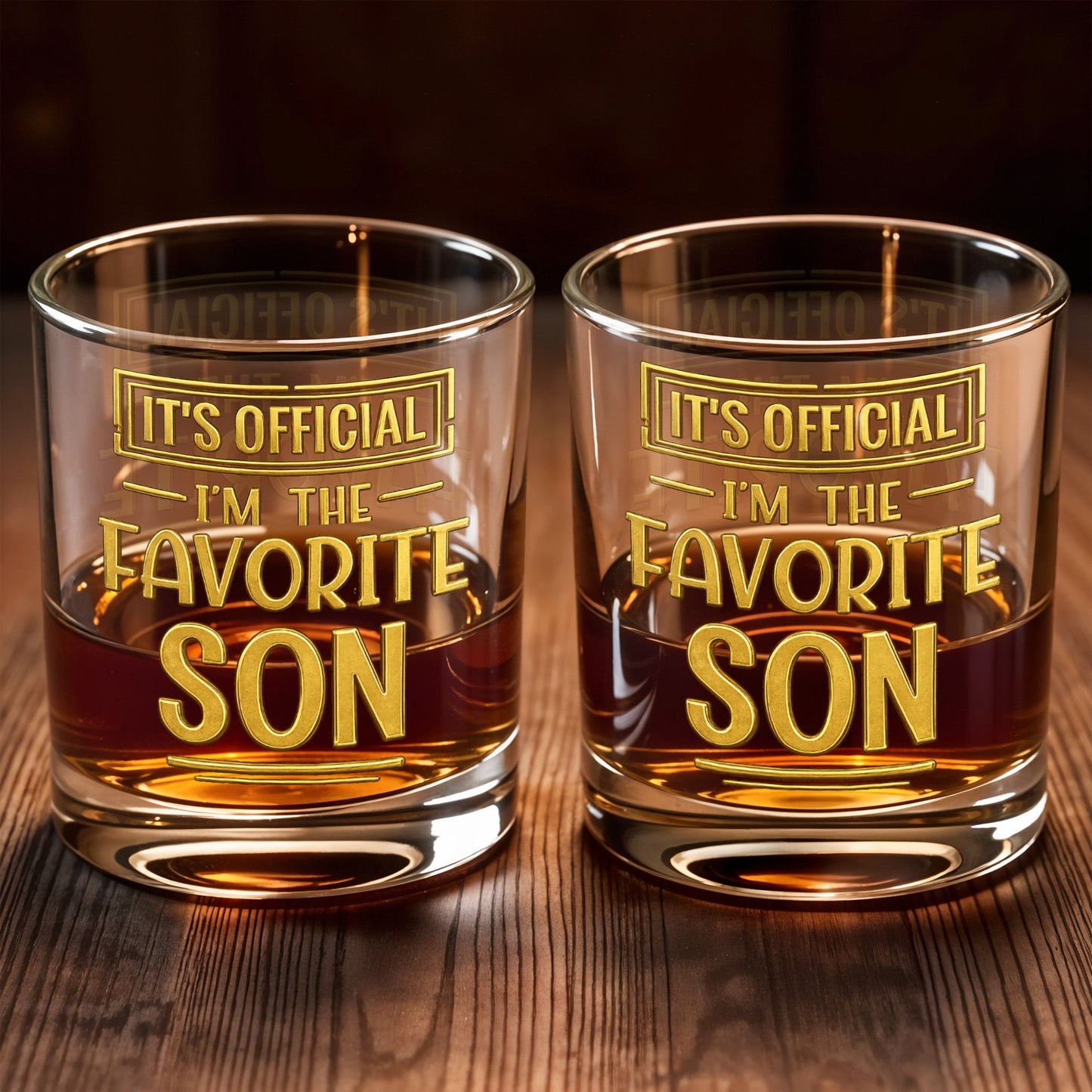 It's Official I'm The Favorite Son With Golden Letters - Personalized Custom Whiskey Glass - SON208_RWG