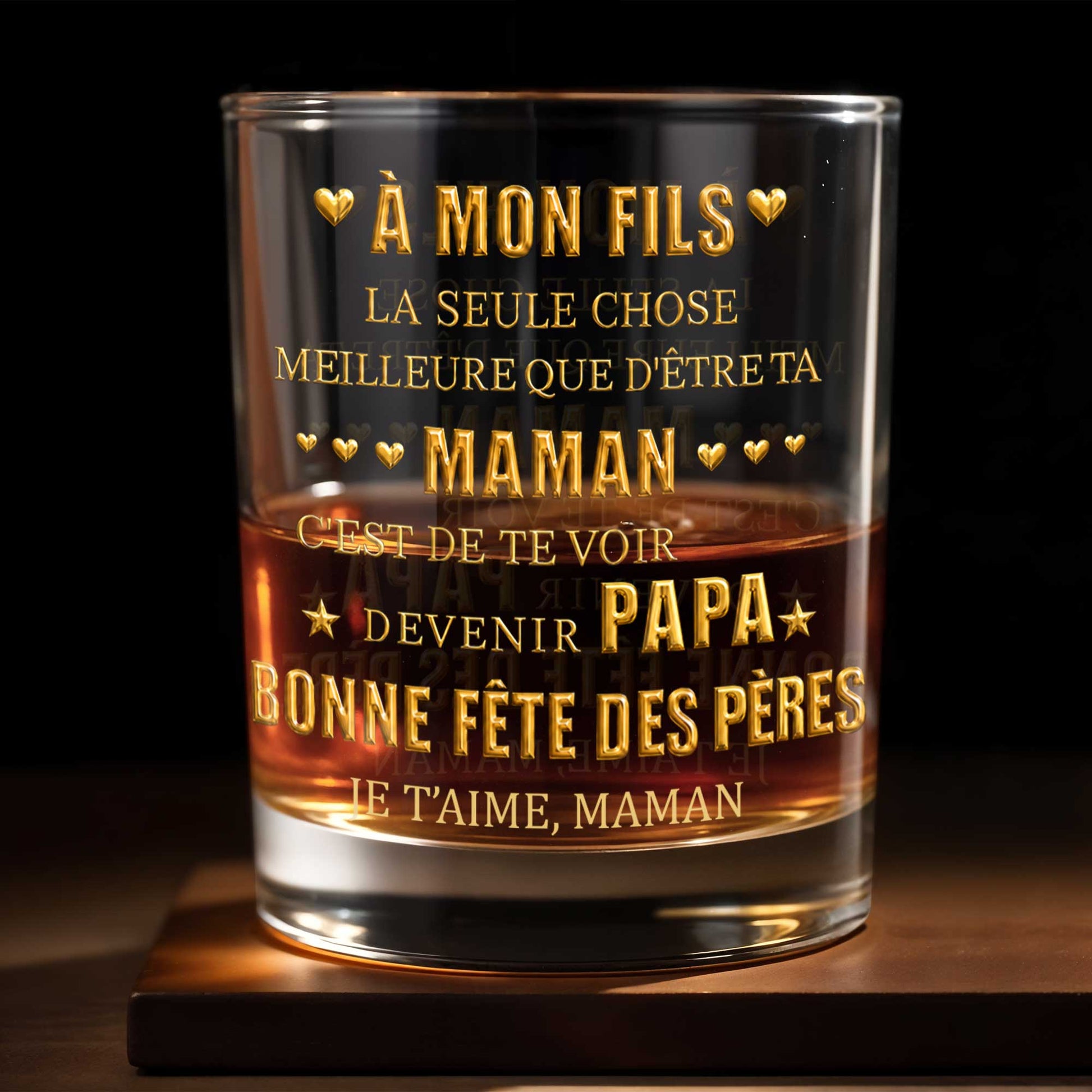 À Mon Fils Best Thing Being Your Mom Gold Text Hearts - Personalized Custom Whiskey Glass - SON211_RWG