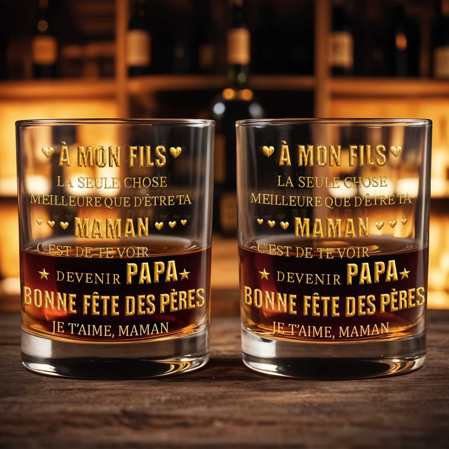À Mon Fils Best Thing Being Your Mom Gold Text Hearts - Personalized Custom Whiskey Glass - SON211_RWG