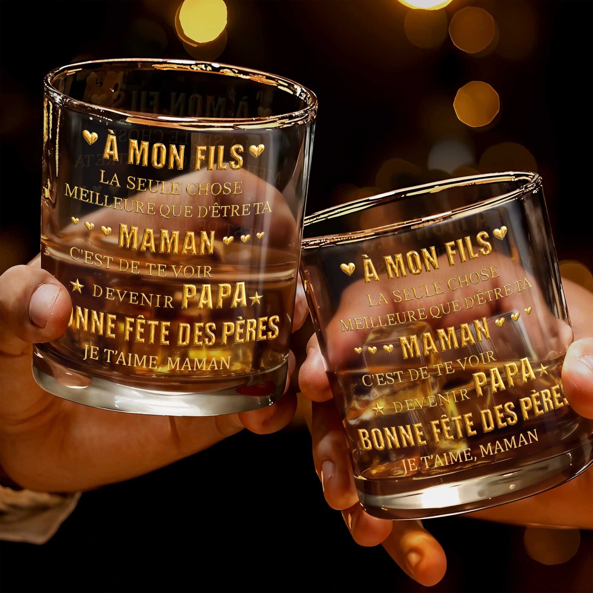 À Mon Fils Best Thing Being Your Mom Gold Text Hearts - Personalized Custom Whiskey Glass - SON211_RWG