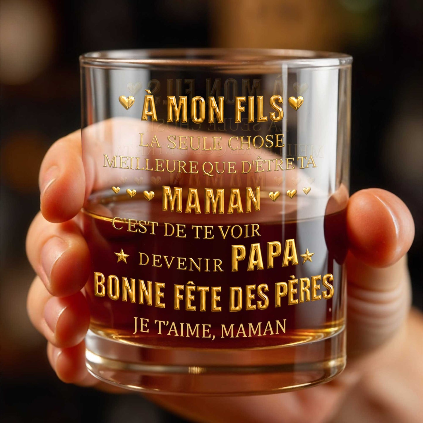 À Mon Fils Best Thing Being Your Mom Gold Text Hearts - Personalized Custom Whiskey Glass - SON211_RWG