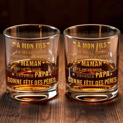 À Mon Fils Best Thing Being Your Mom Gold Text Hearts - Personalized Custom Whiskey Glass - SON211_RWG