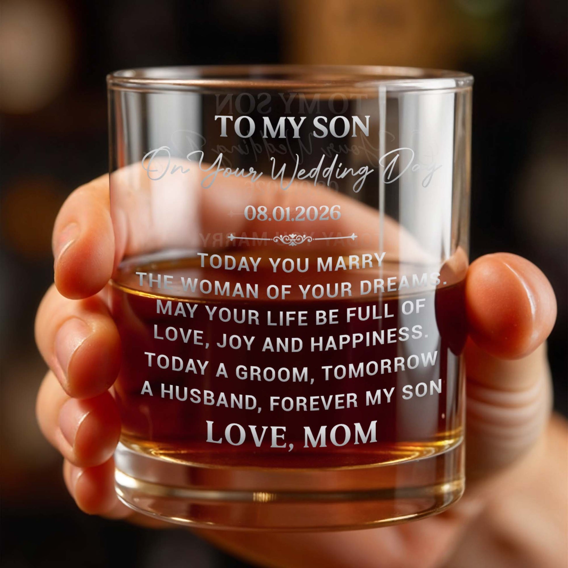 To My Son On Your Wedding Day Today A Groom Forever My Son - Personalized Custom Whiskey Glass - SON214_RWG