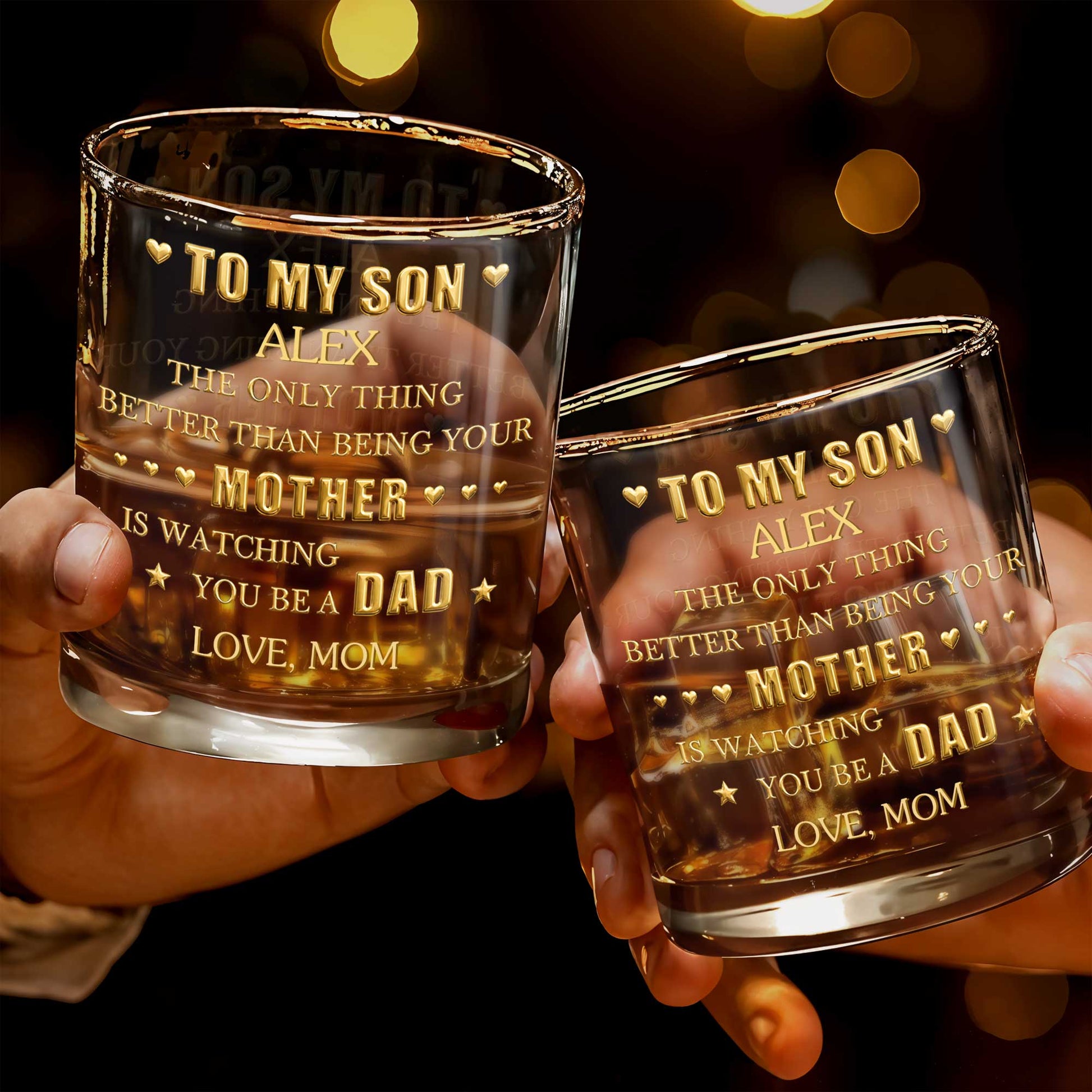 To My Son Better Than Being Mother Watching You Be A Dad Hearts Stars - Personalized Custom Whiskey Glass - SON220_RWG