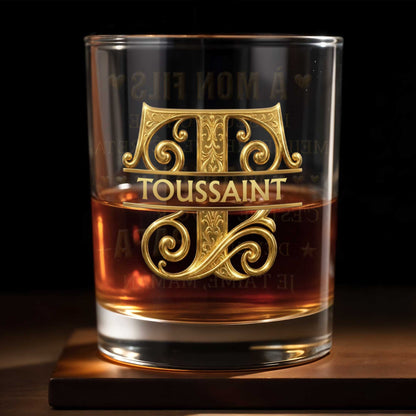À Mon Fils Monogram With 3D Golden Initial And French Text - Personalized Custom Whiskey Glass - SON224_RWG