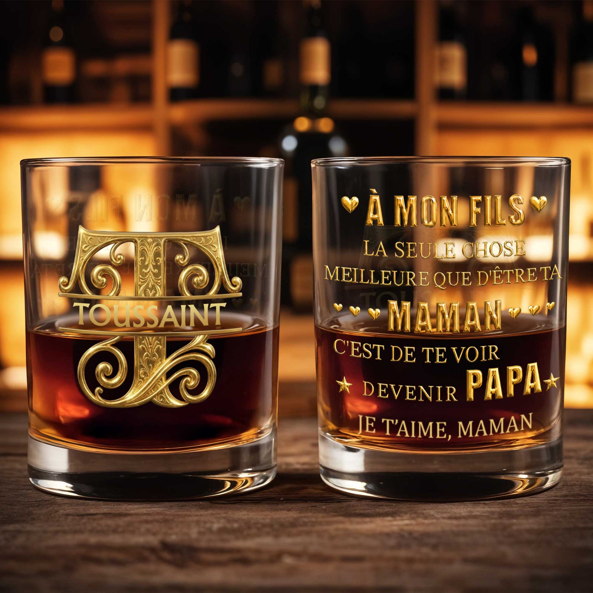 À Mon Fils Monogram With 3D Golden Initial And French Text - Personalized Custom Whiskey Glass - SON224_RWG
