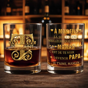 À Mon Fils Monogram With 3D Golden Initial And French Text - Personalized Custom Whiskey Glass - SON224_RWG